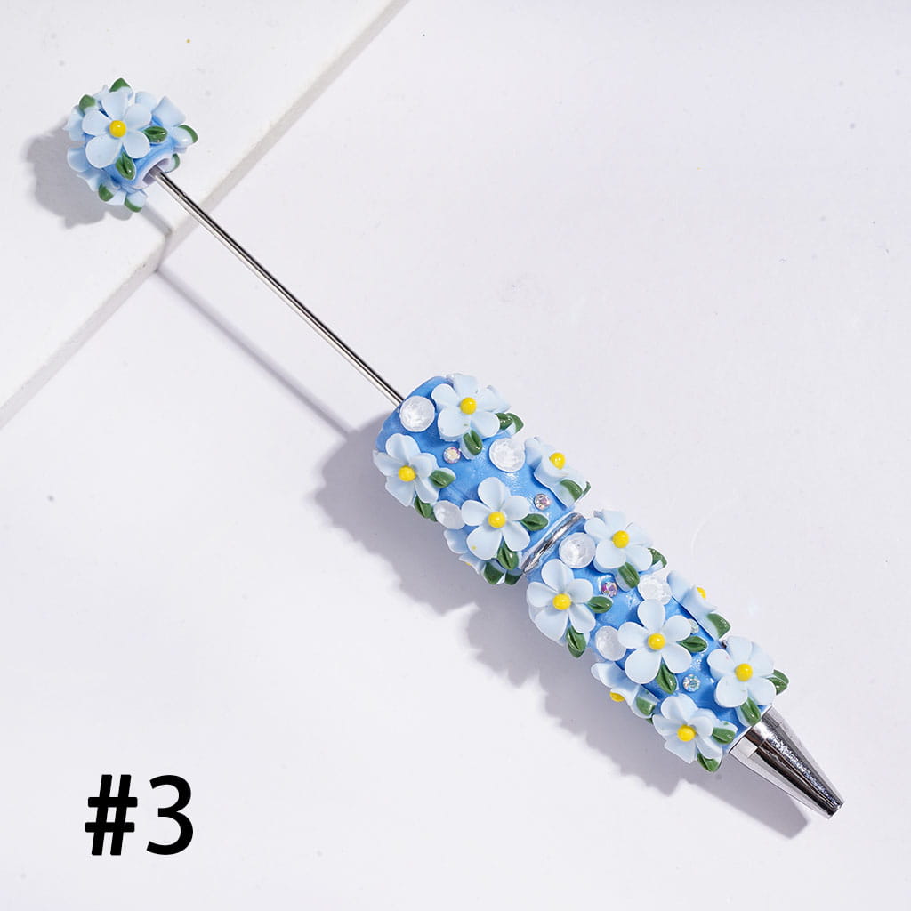 Beadable Clay Pens with Five-Petaled Flower and Green Leaf and Big Cone Shaped Rhinestones, AB Rhinestone, Multi-Color