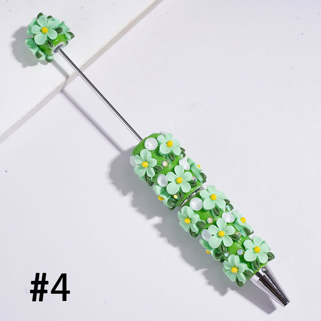 Beadable Clay Pens with Five-Petaled Flower and Green Leaf and Big Cone Shaped Rhinestones, AB Rhinestone, Multi-Color