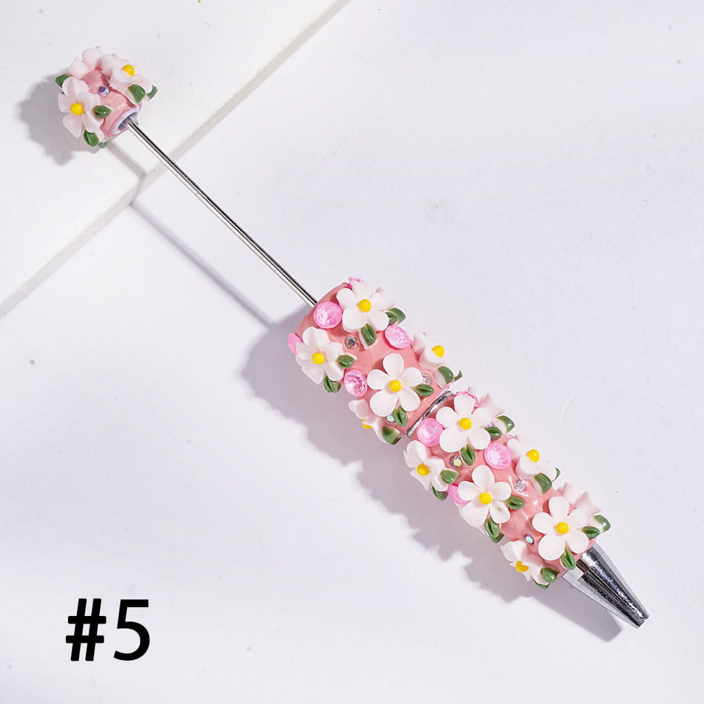 Beadable Clay Pens with Five-Petaled Flower and Green Leaf and Big Cone Shaped Rhinestones, AB Rhinestone, Multi-Color