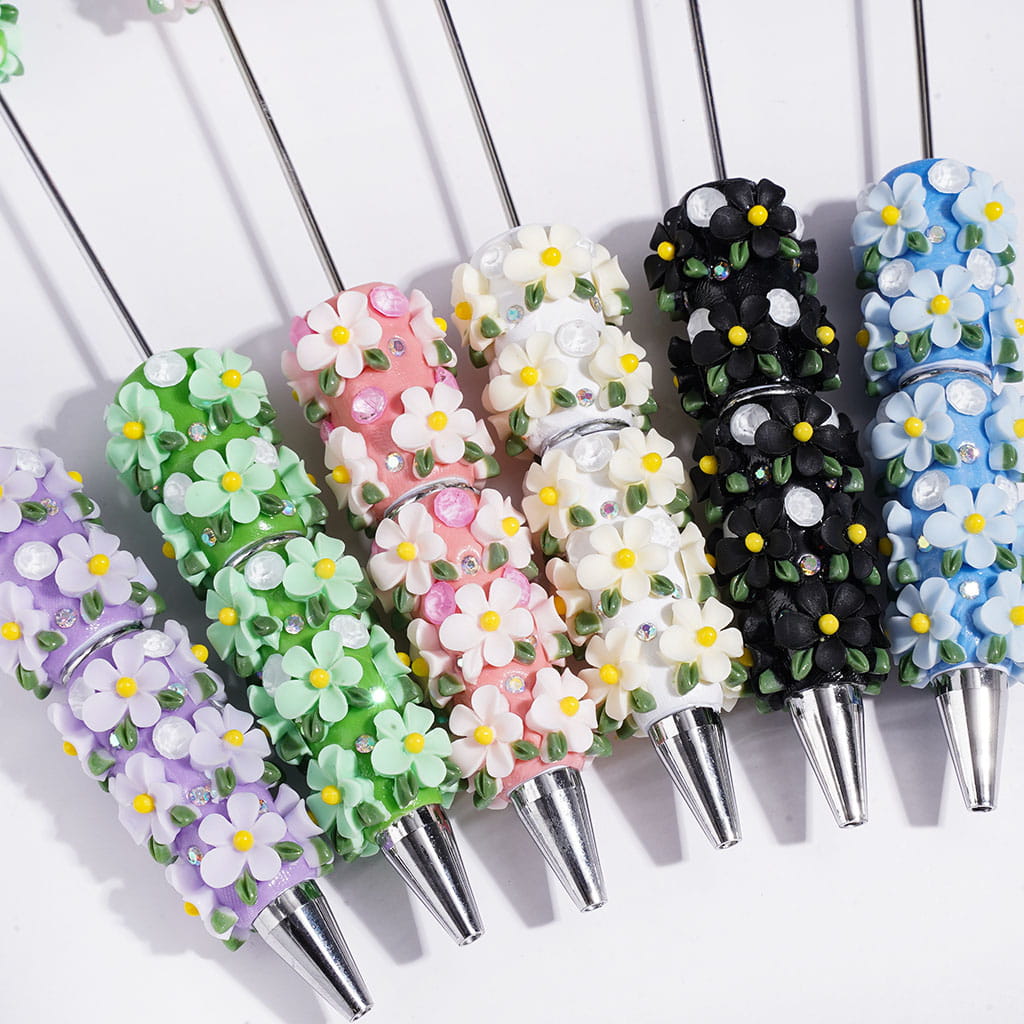 Beadable Clay Pens with Five-Petaled Flower and Green Leaf and Big Cone Shaped Rhinestones, AB Rhinestone, Multi-Color