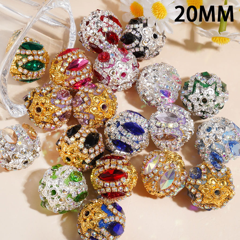Hand-Made Acrylic Beads w Marquise Cut Rhinestones, Silver Gold Metal Setting & AB Rhinestone Chains, 20MM, Random Mix Multi-Color