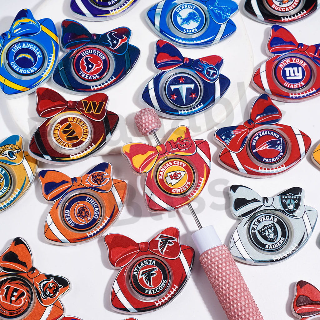 Large Size | American Football Team Collection Set Acrylic Beads, Flat Round Piece & Hollowed Football Frame with Bowtie