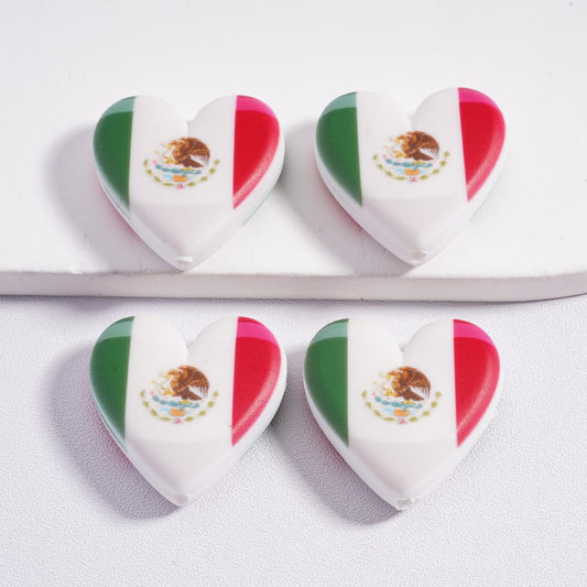 Silicone Focal Beads Heart Shape Mexico Flag Prints
