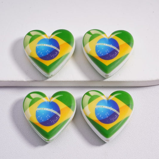 Silicone Focal Beads Heart Shape Brazil Flag Prints