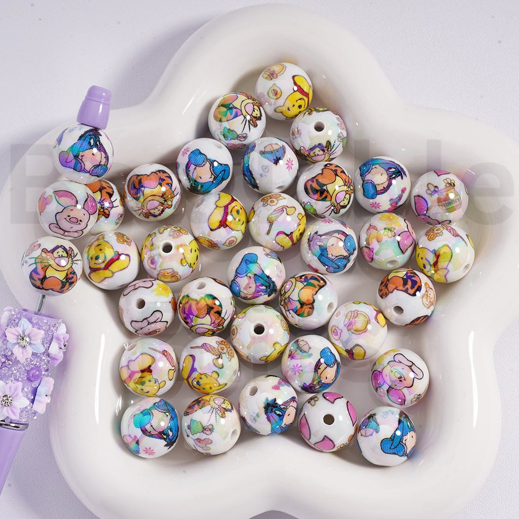 Acrylic Beads UV Coating Cute Winnie the Poo Eeyor Tigge Pigle 16MM, Random Mix