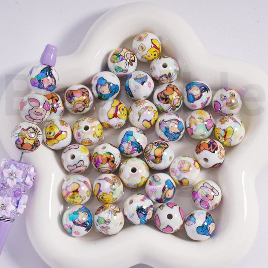 Acrylic Beads UV Coating Cute Winnie the Poo Eeyor Tigge Pigle 16MM, Random Mix