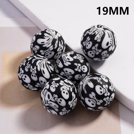 Horror White Skeleton Skull Head Printed Black Silicone Beads 19MM