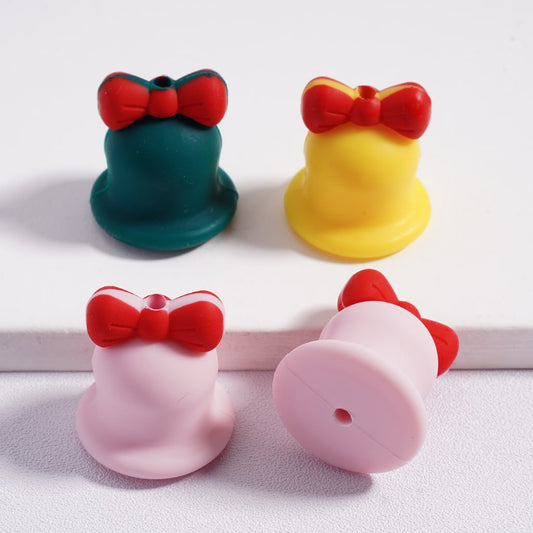 Silicone Focal Beads 3D Cute Christmas Bell with Red Bowknot Multi-Color
