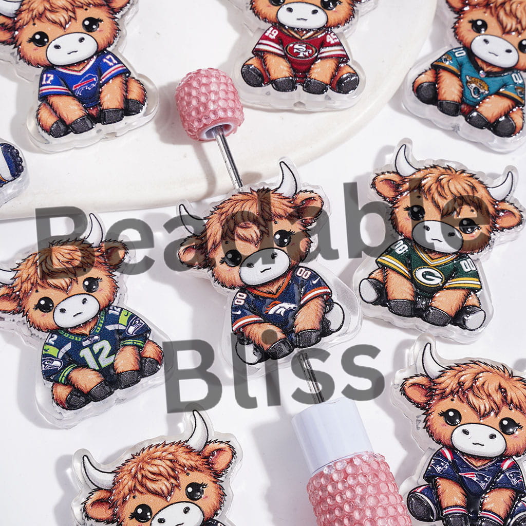 Semi-Clear Acrylic Beads Brown Highland Cattle Wearing Diverse Football Team Clothes, 29*35MM Random Mix