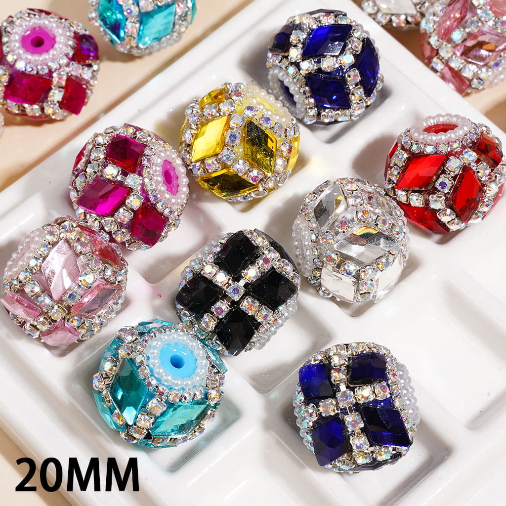 Hand-Made Acrylic Beads w Rhombus Shaped Rhinestones & AB Rhinestone Chains, Pearl Trim, 20MM, Multi-Color