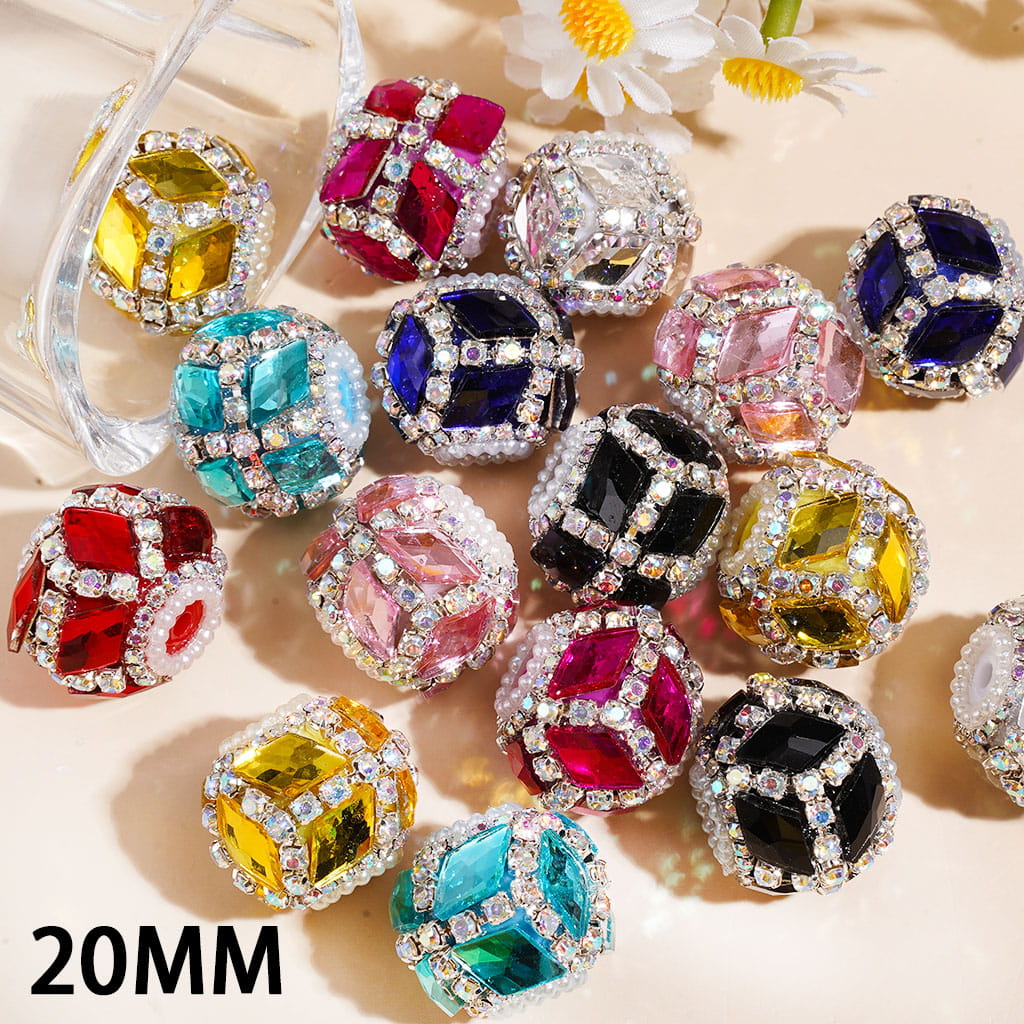 Hand-Made Acrylic Beads w Rhombus Shaped Rhinestones & AB Rhinestone Chains, Pearl Trim, 20MM, Multi-Color