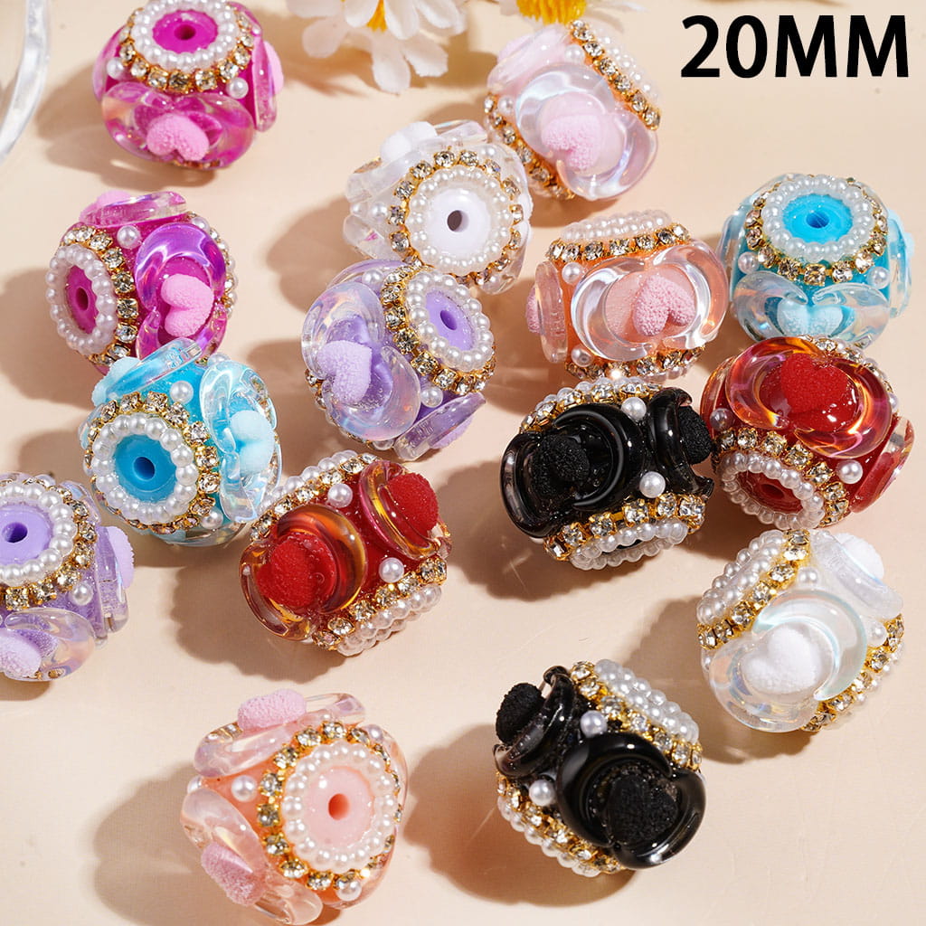 Hand-Made Acrylic Beads w Moons and Frosted Hearts, White Pearl & Clear Rhinestones Chains, 20MM, Multi-Color Random Mix