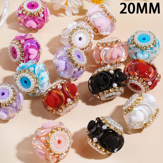 Hand-Made Acrylic Beads w Moons and Frosted Hearts, White Pearl & Clear Rhinestones Chains, 20MM, Multi-Color Random Mix