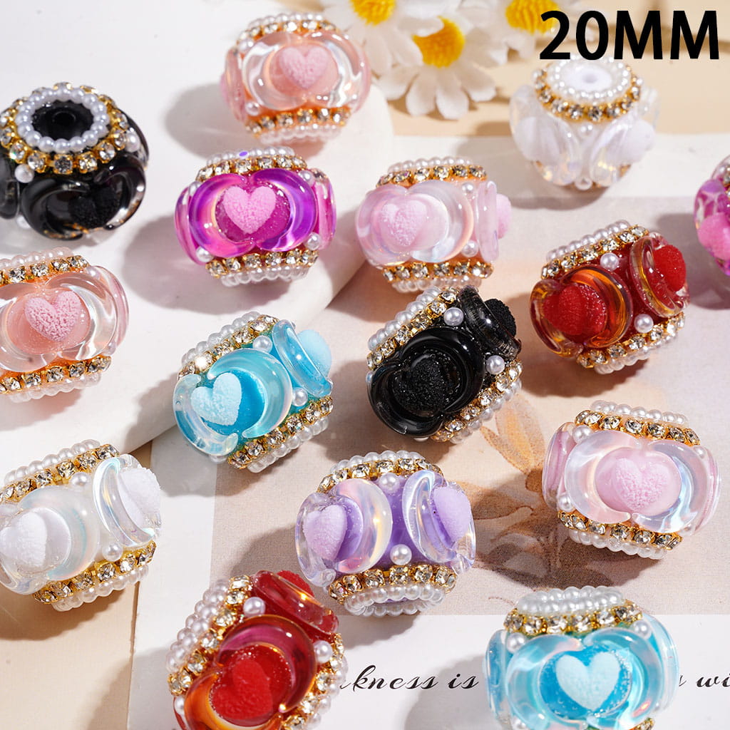 Hand-Made Acrylic Beads w Moons and Frosted Hearts, White Pearl & Clear Rhinestones Chains, 20MM, Multi-Color Random Mix