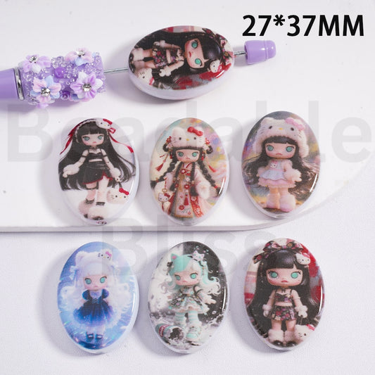 Acrylic Beads Cute Moll with Hello Kitt Hair Clip Pop Mar Oval Shape 27*37MM, Random Mix