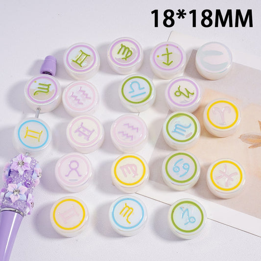 Acrylic Beads UV Coating Round Flat Constellation Zodiac Signs 18MM, Random Mix