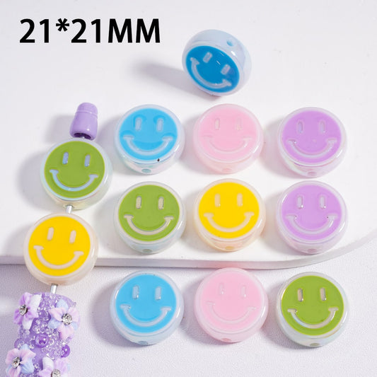 Acrylic Beads UV Coating Round Flat Cute Smile Face 21MM, Random Mix