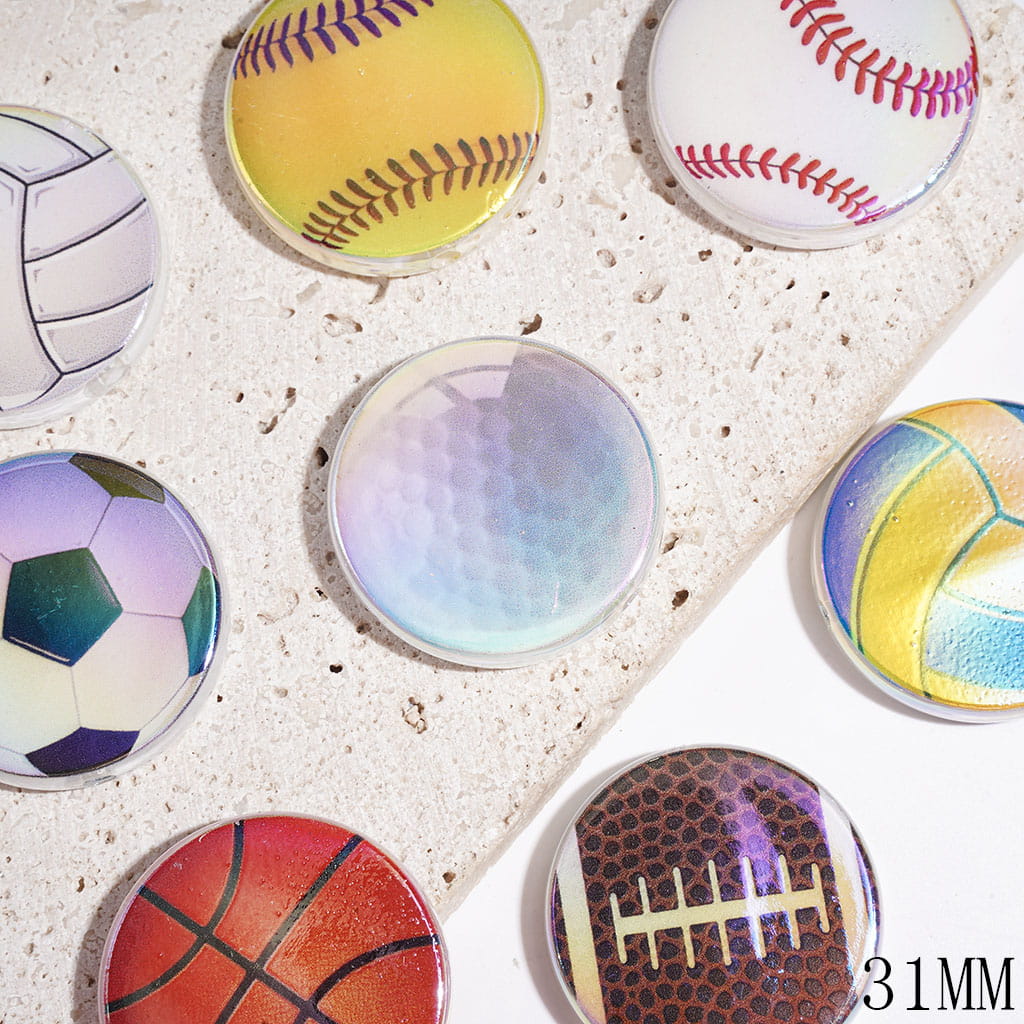 Volleyball Baseball Basketball Football Golf Rugby Series Acrylic Beads, UV Finish, Flat Round Shaped, 31MM Random Mix