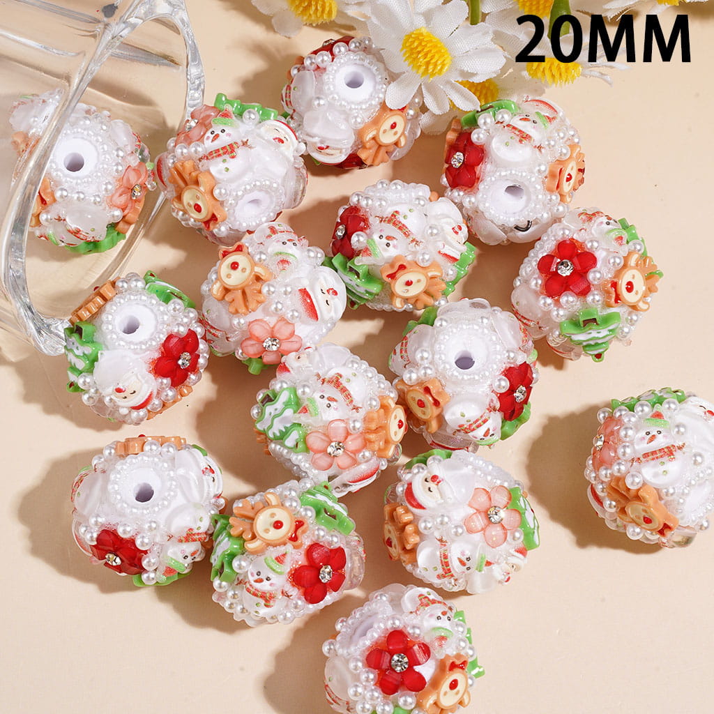 Christmas Theme Acrylic Beads with Santa Claus Reindeer Snowman Flower Tree, White Pearl Chains, 20MM