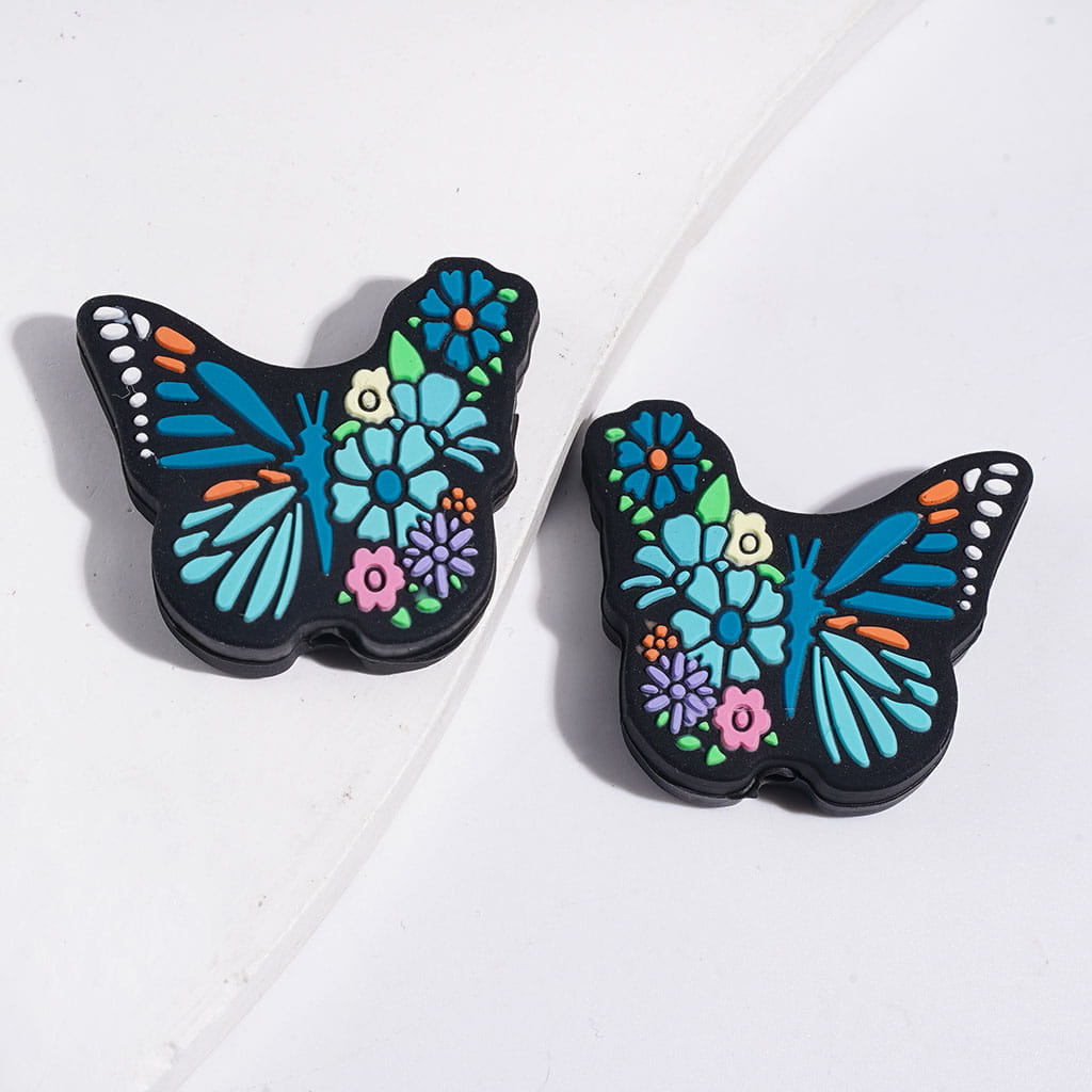 Colorful Butterfly with Small Flowers Silicone Focal Beads, Multi-Color