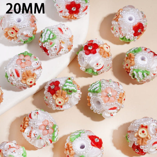 Christmas Theme Acrylic Beads with Santa Claus Reindeer Snowman Flower Tree, White Pearl Chains, 20MM