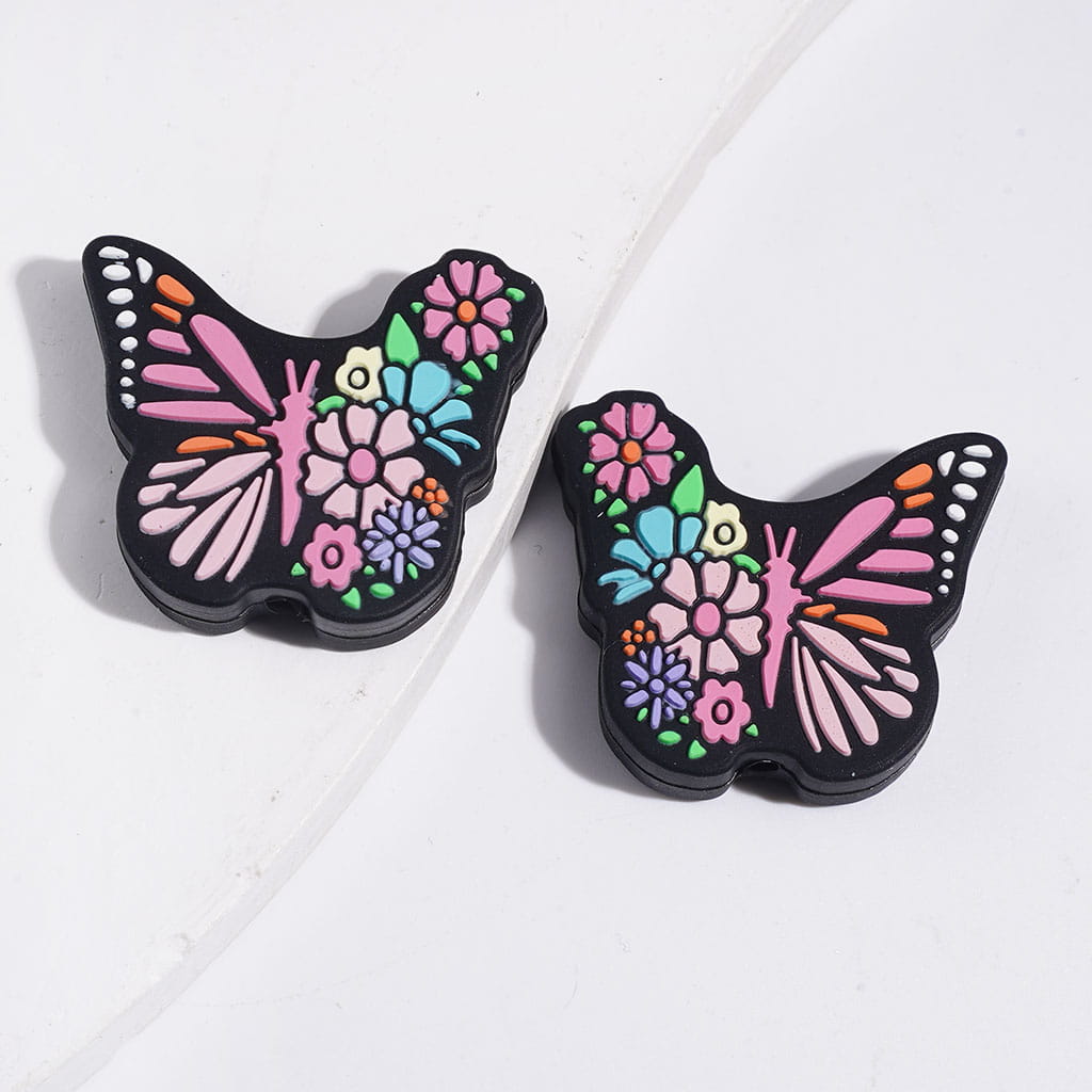 Colorful Butterfly with Small Flowers Silicone Focal Beads, Multi-Color