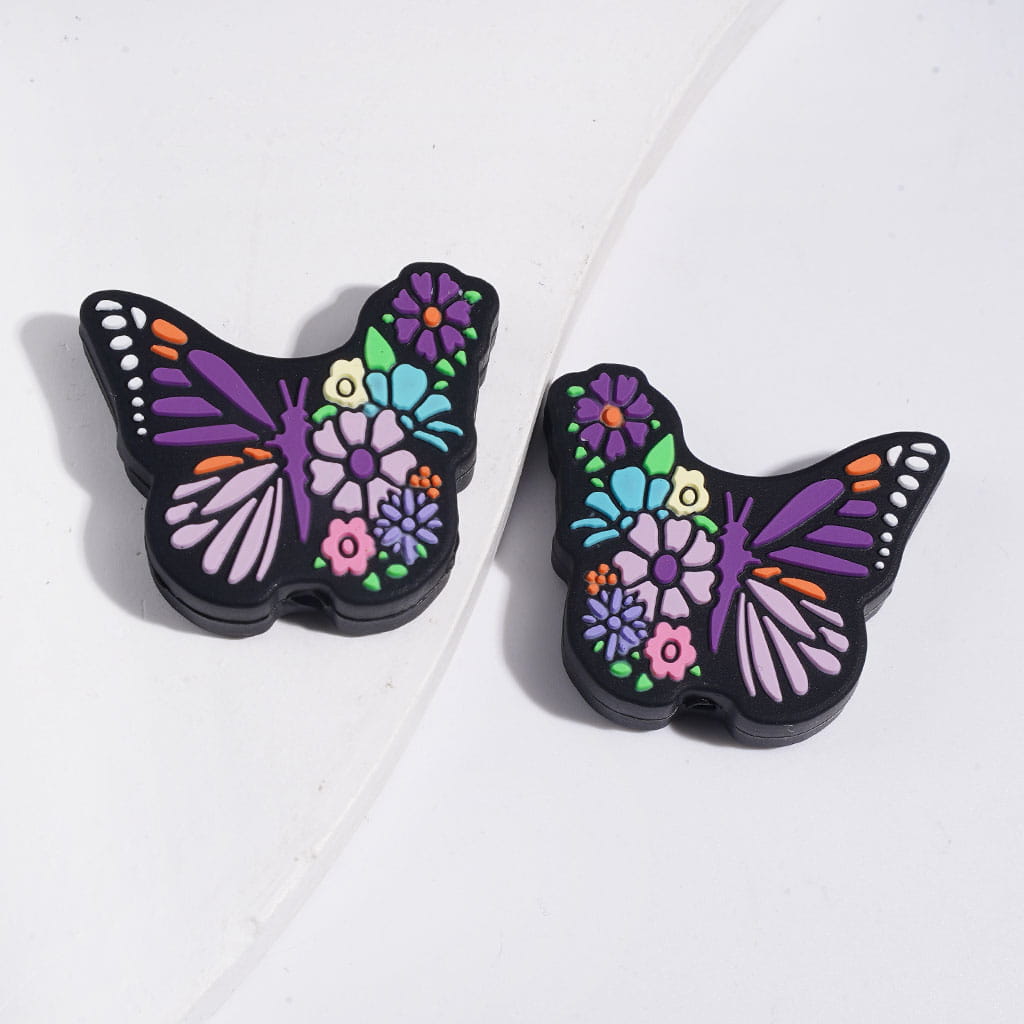 Colorful Butterfly with Small Flowers Silicone Focal Beads, Multi-Color