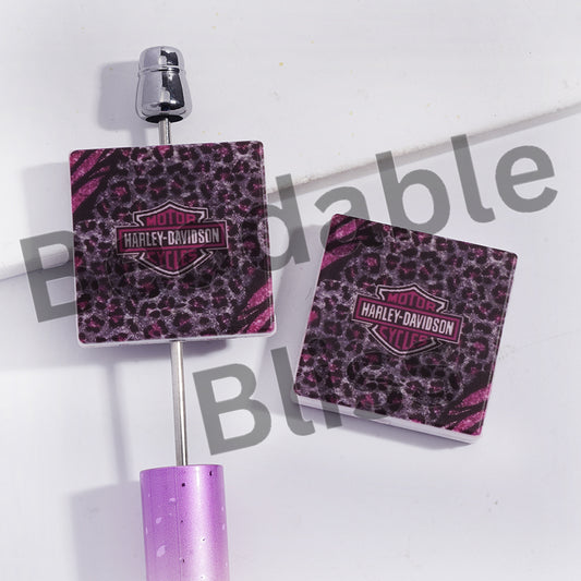 Silicone Focal Beads with Motorcycle Girl Culture Design on Pink Leopard Background, Flat Square Shape