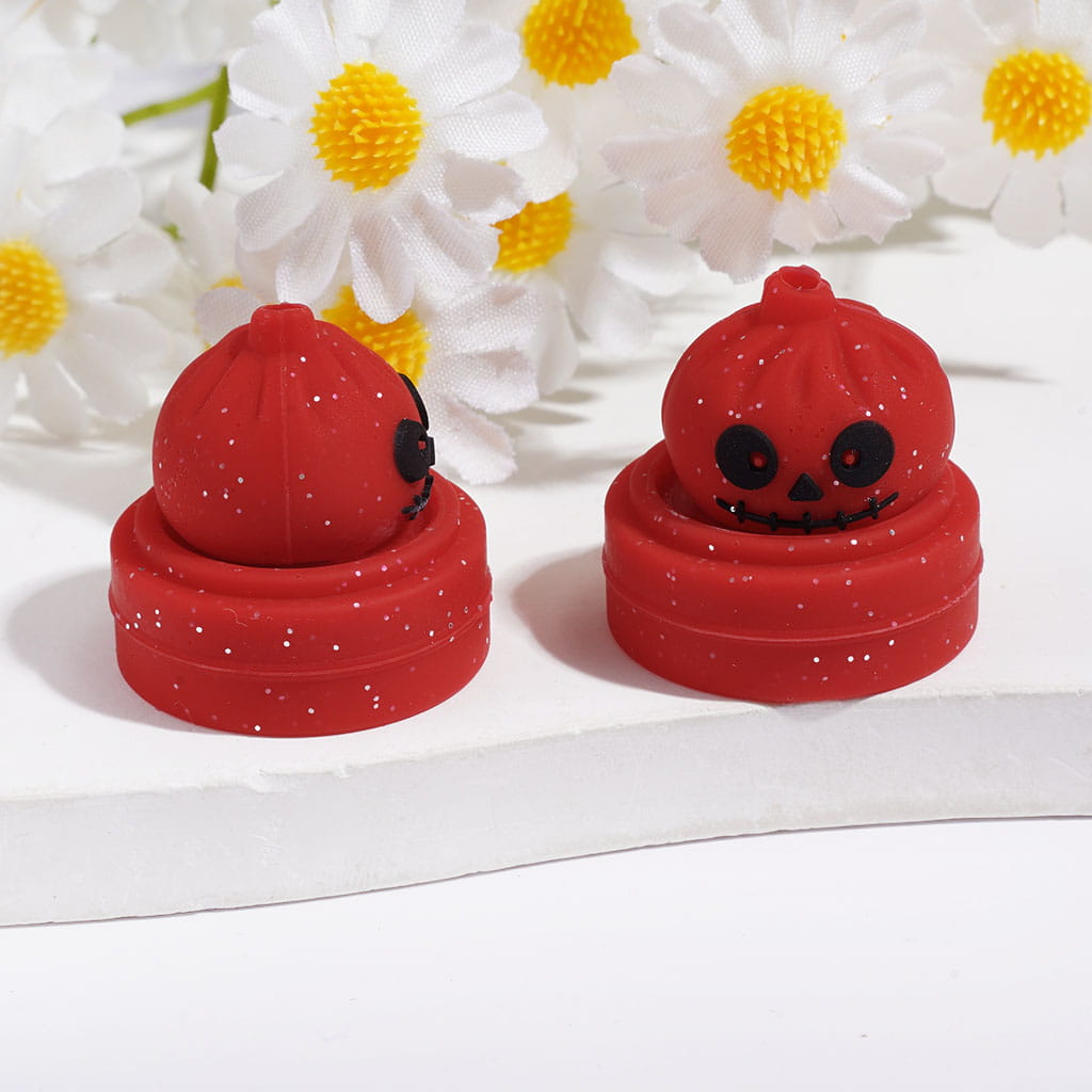 3D Halloween Dumpling and Steamer Basket with Silver Glitter Horror Face Silicone Focal Beads, 22*23MM Multi-Color