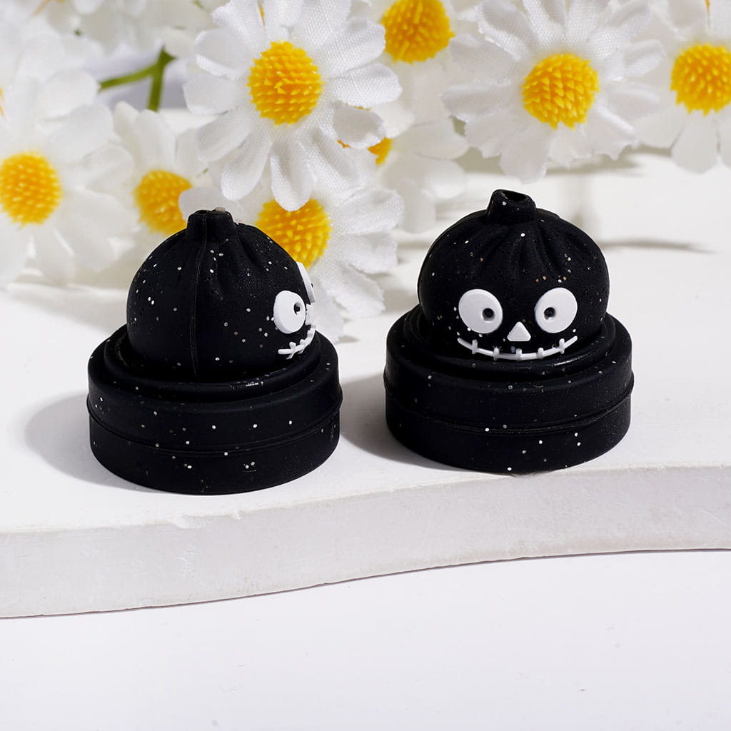3D Halloween Dumpling and Steamer Basket with Silver Glitter Horror Face Silicone Focal Beads, 22*23MM Multi-Color