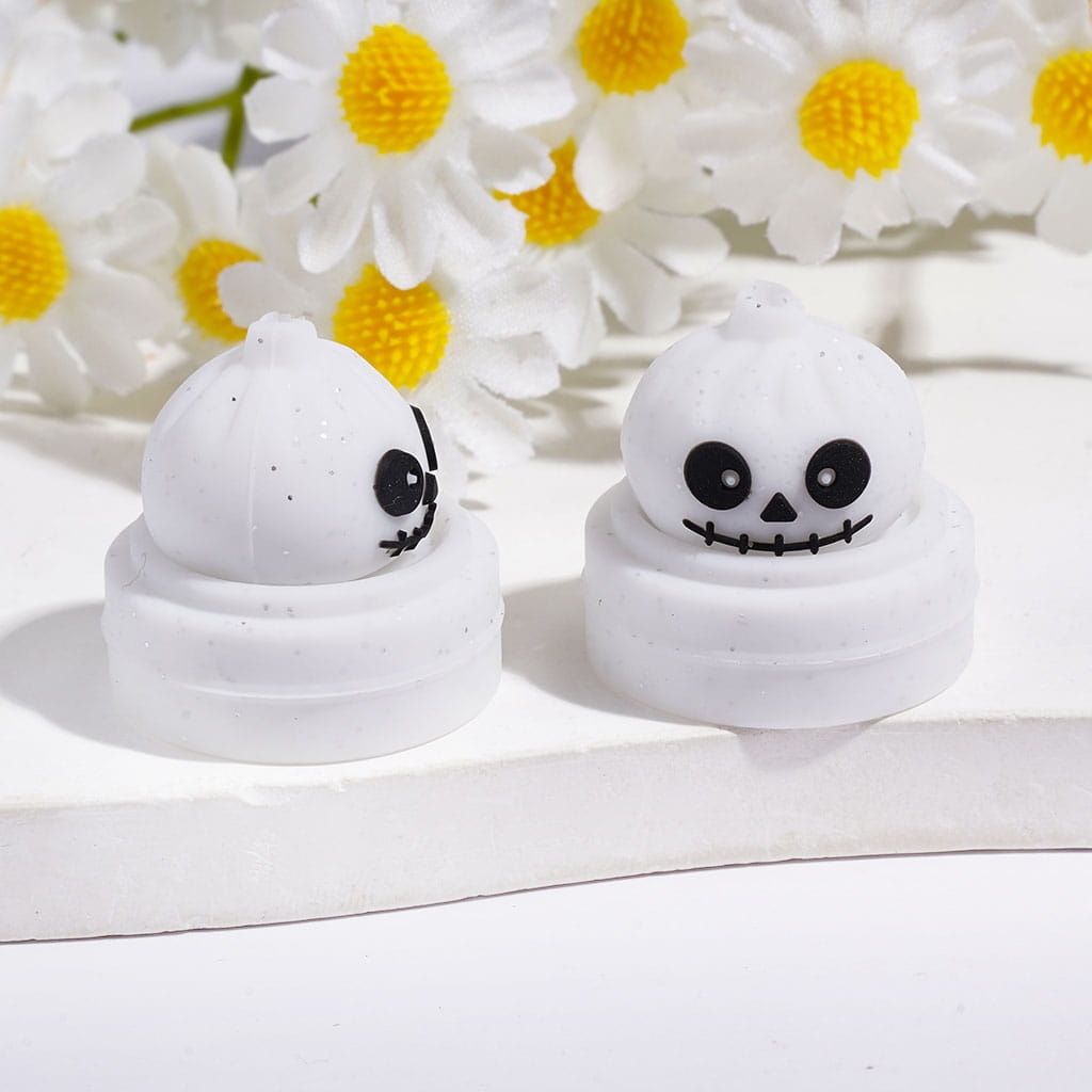 3D Halloween Dumpling and Steamer Basket with Silver Glitter Horror Face Silicone Focal Beads, 22*23MM Multi-Color