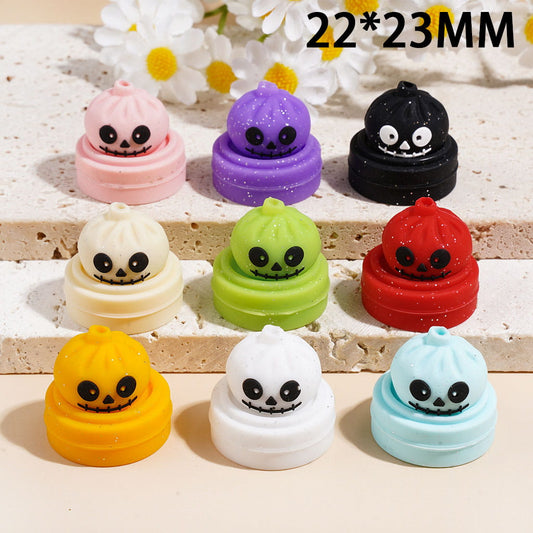 3D Halloween Dumpling and Steamer Basket with Silver Glitter Horror Face Silicone Focal Beads, 22*23MM Multi-Color