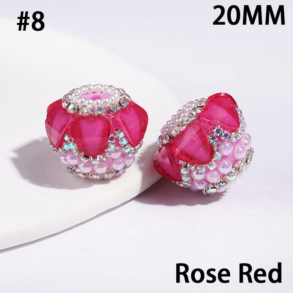 Handcrafted Acrylic Beads w Glittery Hearts & UV Coated Half-Faced Pearls, AB Rhinestone & White Pearl Chains, 20MM Multi-Color