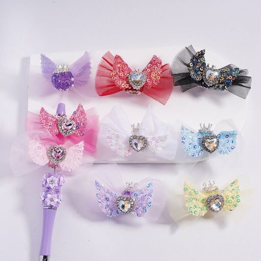 Acrylic Beads with Large Heart Rhinestone Silver Alloy Crown Clear Rhinestone Chains White Pearls Fabric Bowknot