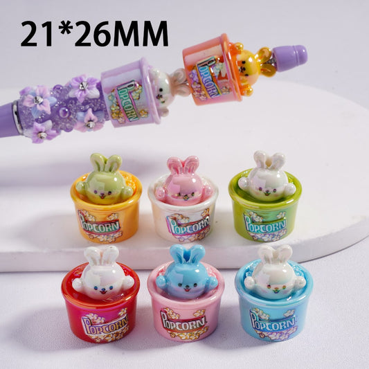 Acrylic Beads UV Coating Cute Bunny Rabbit in Popcorn Bucket 21*26MM, Random Mix