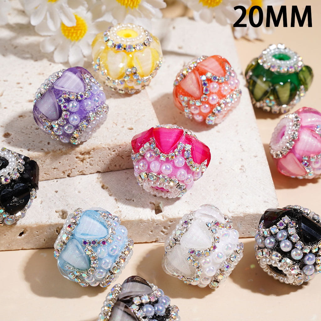 Handcrafted Acrylic Beads w Glittery Hearts & UV Coated Half-Faced Pearls, AB Rhinestone & White Pearl Chains, 20MM Multi-Color