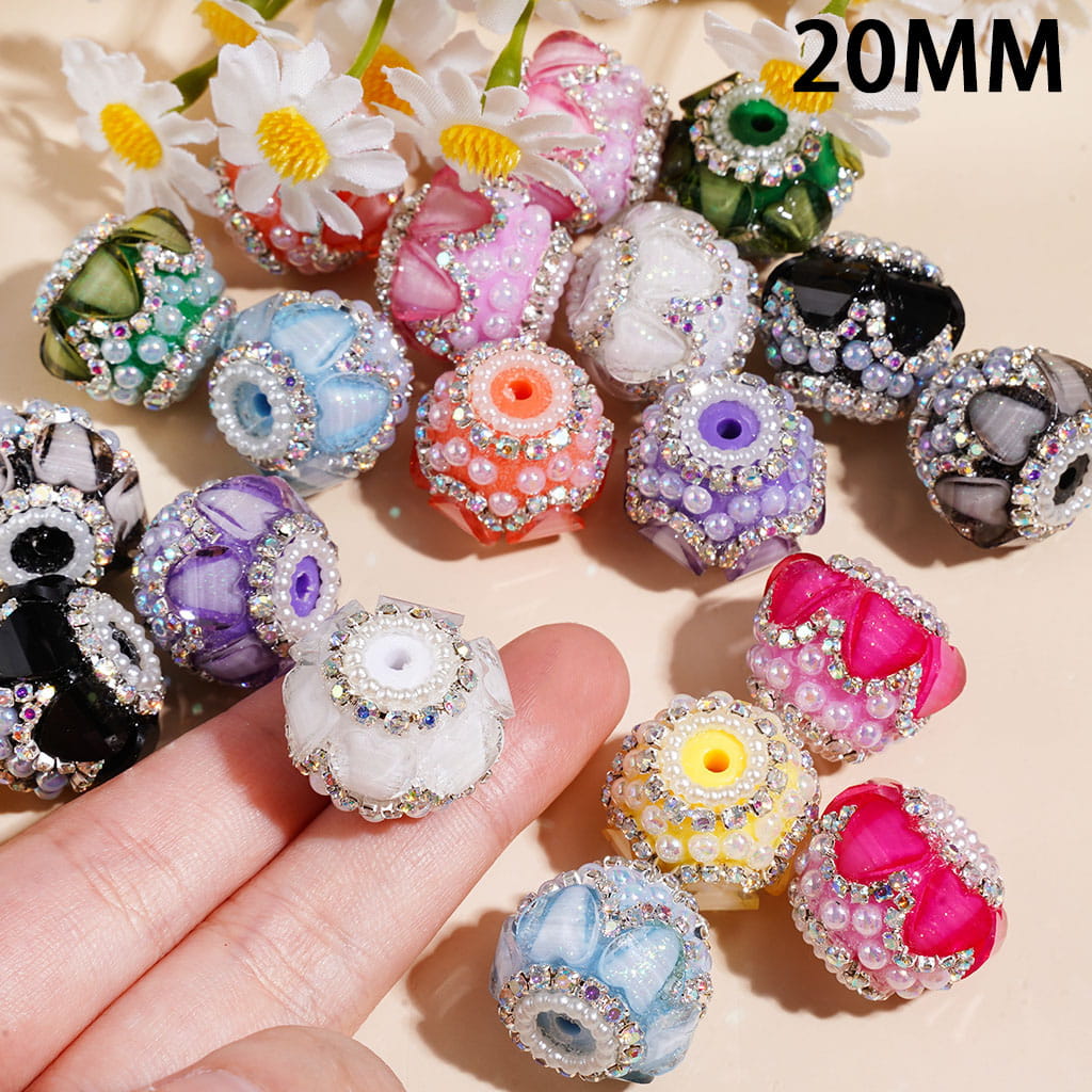 Handcrafted Acrylic Beads w Glittery Hearts & UV Coated Half-Faced Pearls, AB Rhinestone & White Pearl Chains, 20MM Multi-Color