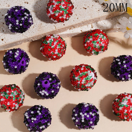 Handmade Acrylic Sugar Beads with White Pearls and Shiny Rhinestones, Red Christmas & Purple Halloween Series, 20MM