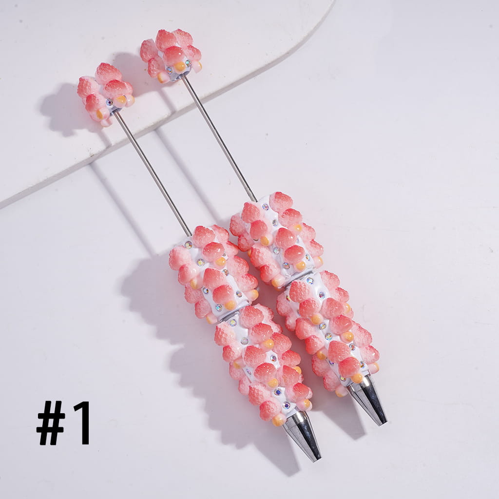 Beadable Clay Pens with Double Layer Fruit Tanghulu, AB Rhinestones and White Pearl