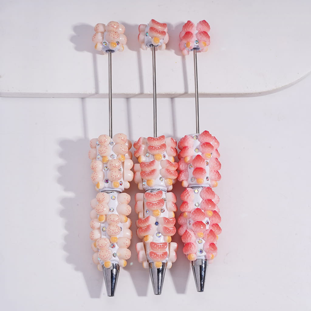 Beadable Clay Pens with Double Layer Fruit Tanghulu, AB Rhinestones and White Pearl