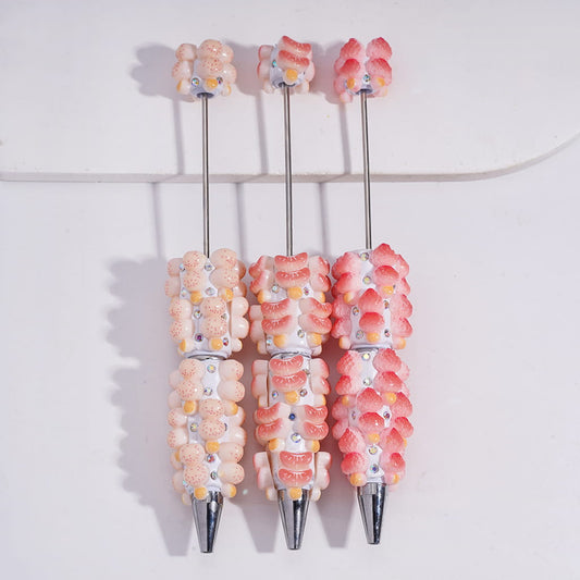 Beadable Clay Pens with Double Layer Fruit Tanghulu, AB Rhinestones and White Pearl