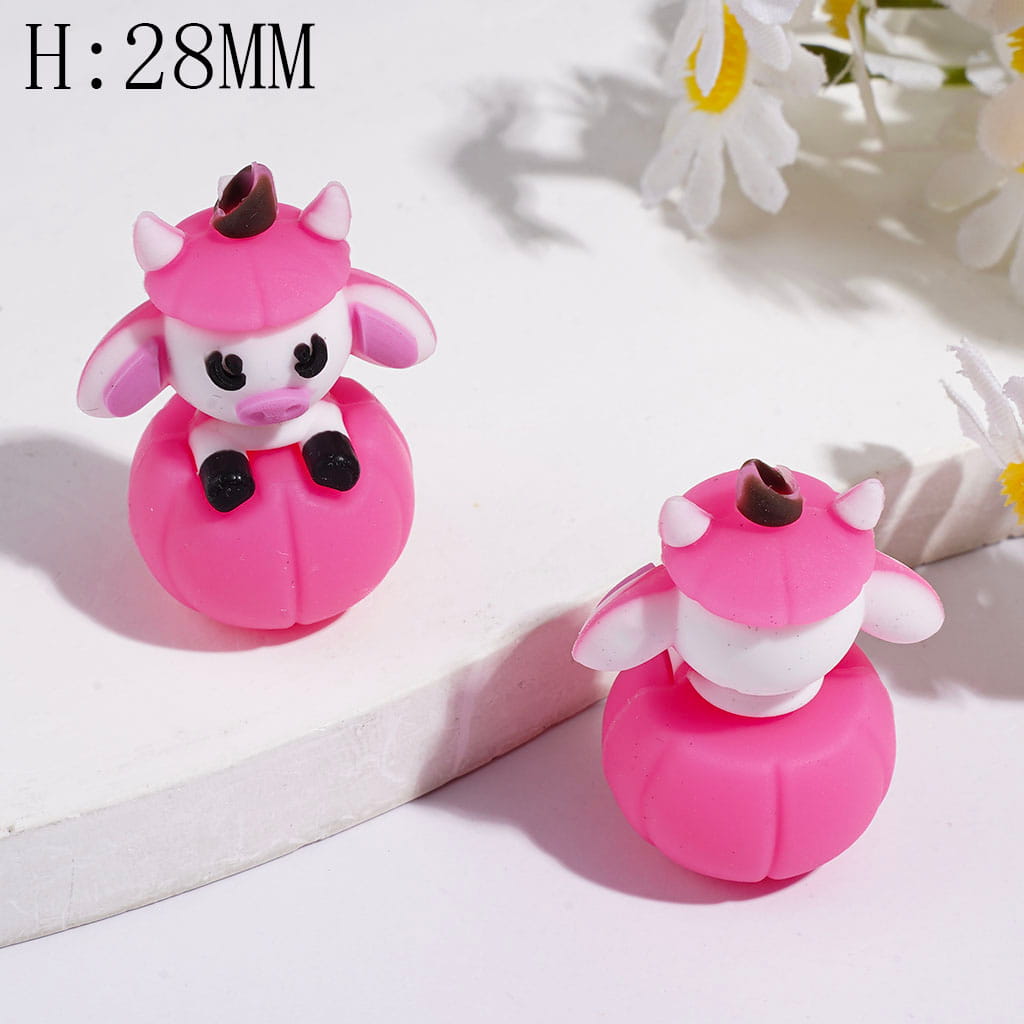 Silicone Focal Beads 3D Cow Wearing Hat and Sitting on Pumpkin, Height 28MM Multi-Color