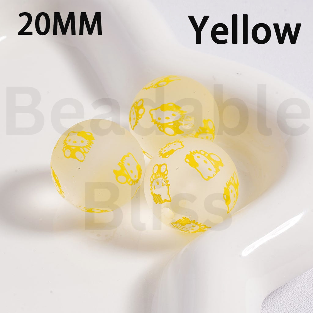 Acrylic Beads Frosted Matte Cute Hello Kitt Prints Multi-Color 20MM (Single Color is available for 100pcs(Whole Bag) Only)