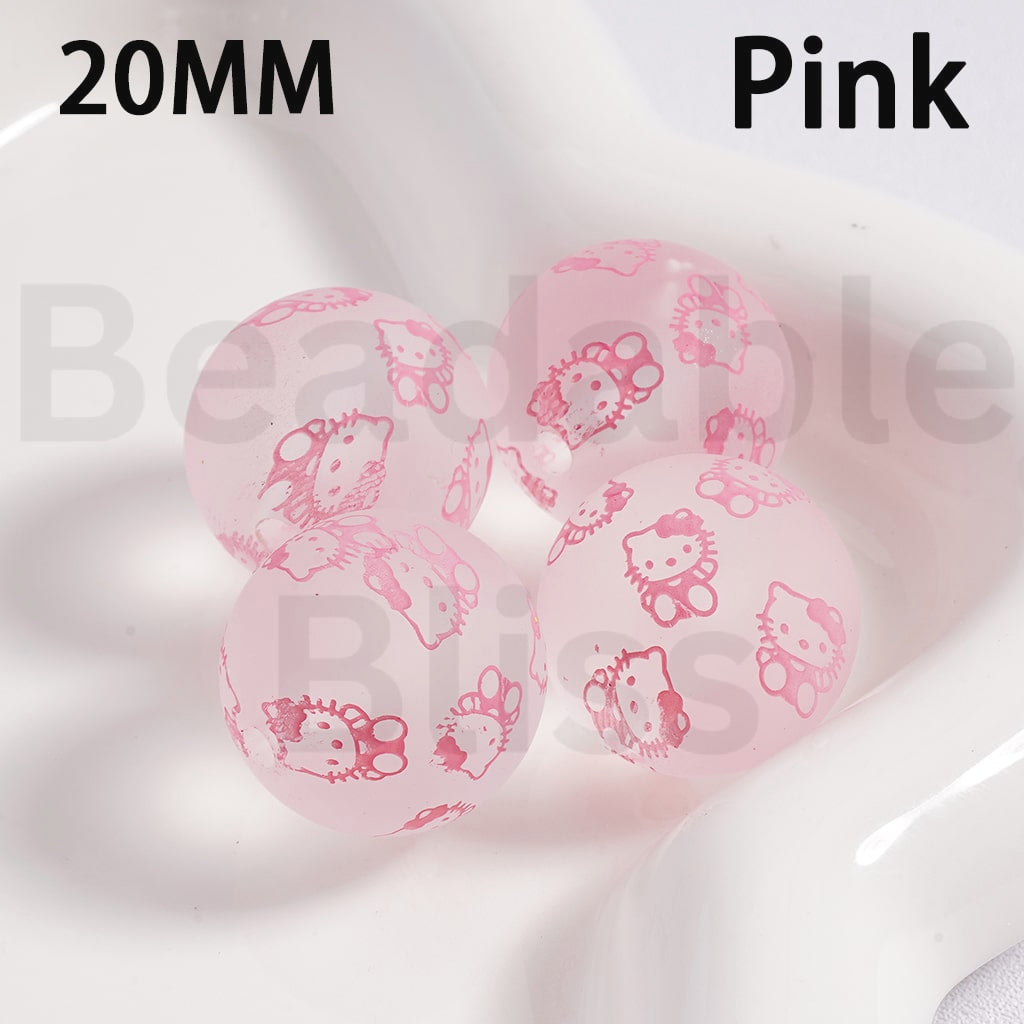 Acrylic Beads Frosted Matte Cute Hello Kitt Prints Multi-Color 20MM (Single Color is available for 100pcs(Whole Bag) Only)