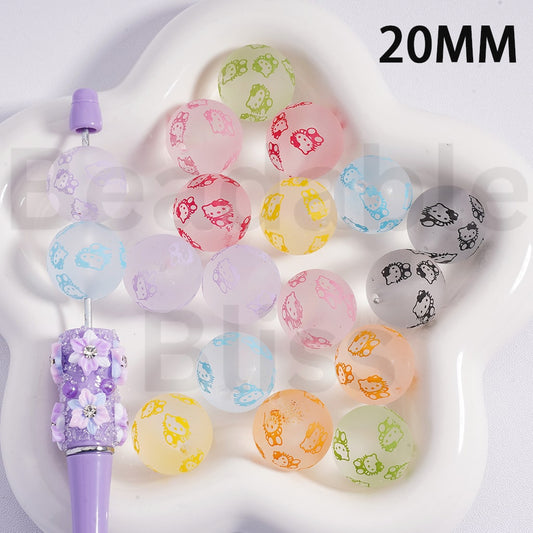 Acrylic Beads Frosted Matte Cute Hello Kitt Prints Multi-Color 20MM (Single Color is available for 100pcs(Whole Bag) Only)