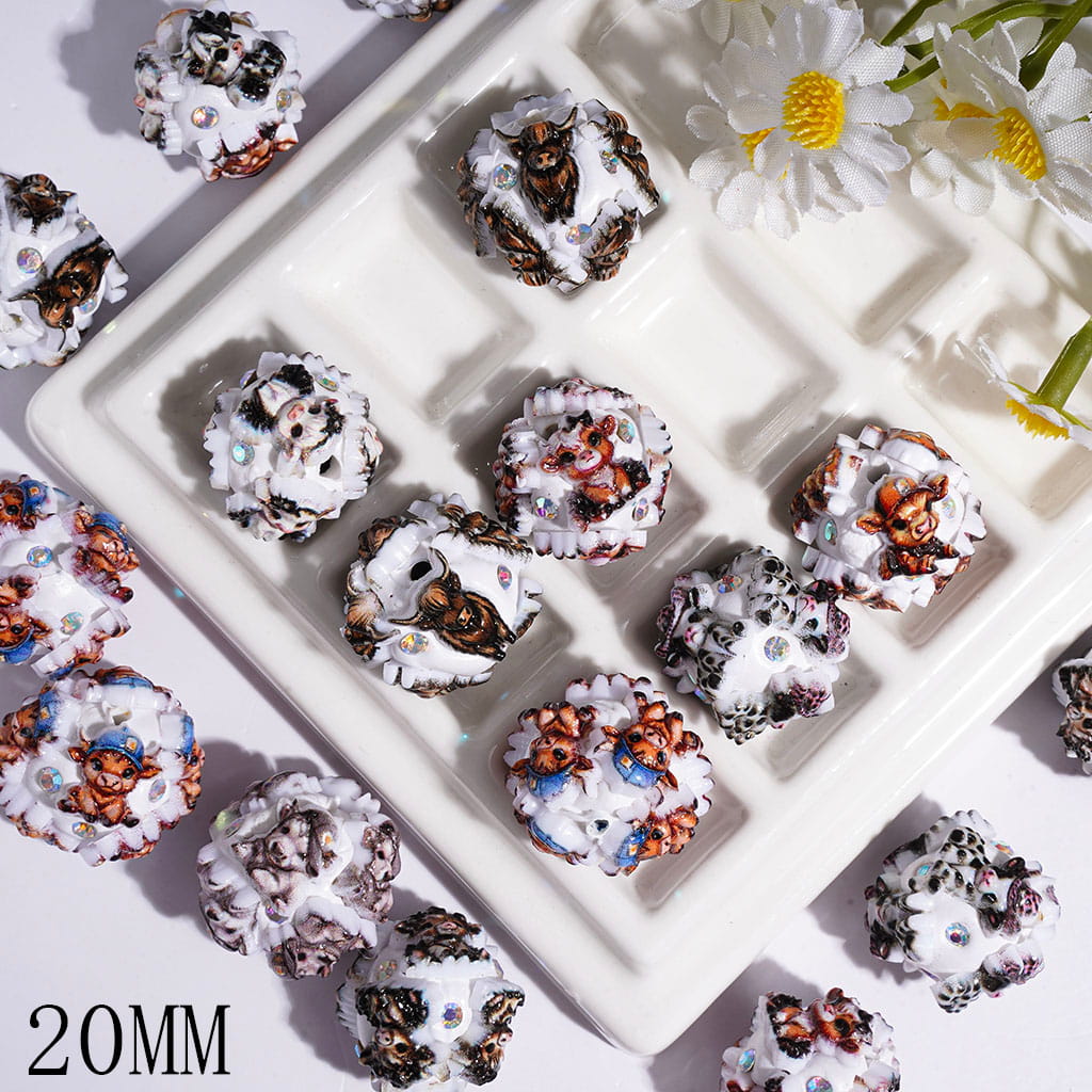 Clay Beads with Various Dressed Highland Cow and AB Rhinestones, 20MM Random Mix