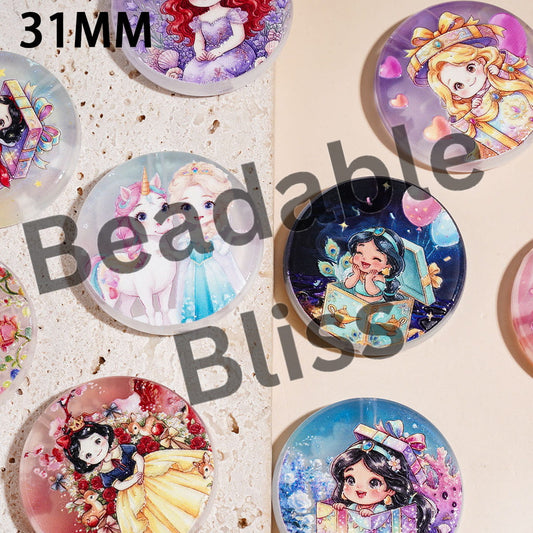 Acrylic Beads Classic Animation Beautiful Princess Character Prints Series, 31MM, Round Shape, Random Mix