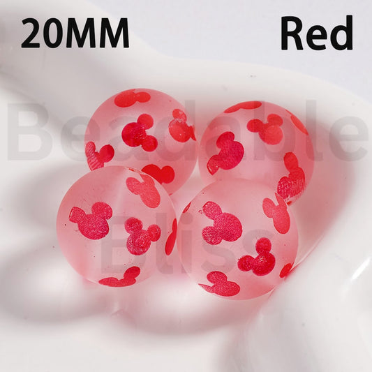 Red silicone beads with Mickey Mouse heads on a white background, labeled '20MM Red'.

