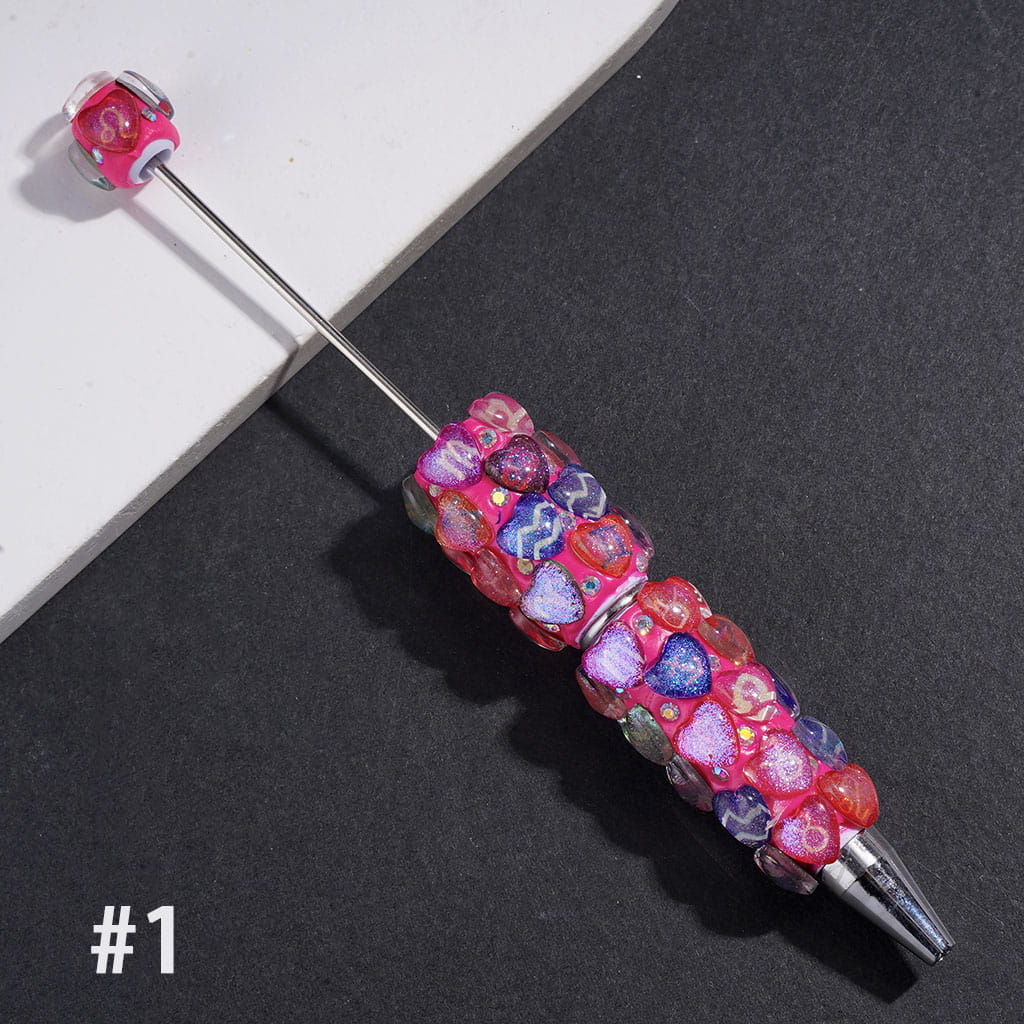 Beadable Clay Pens Clear Heart with Twelve Constellations Patterns and Shiny Glitter, AB Rhinestones, Rose Pink and Dark Purple