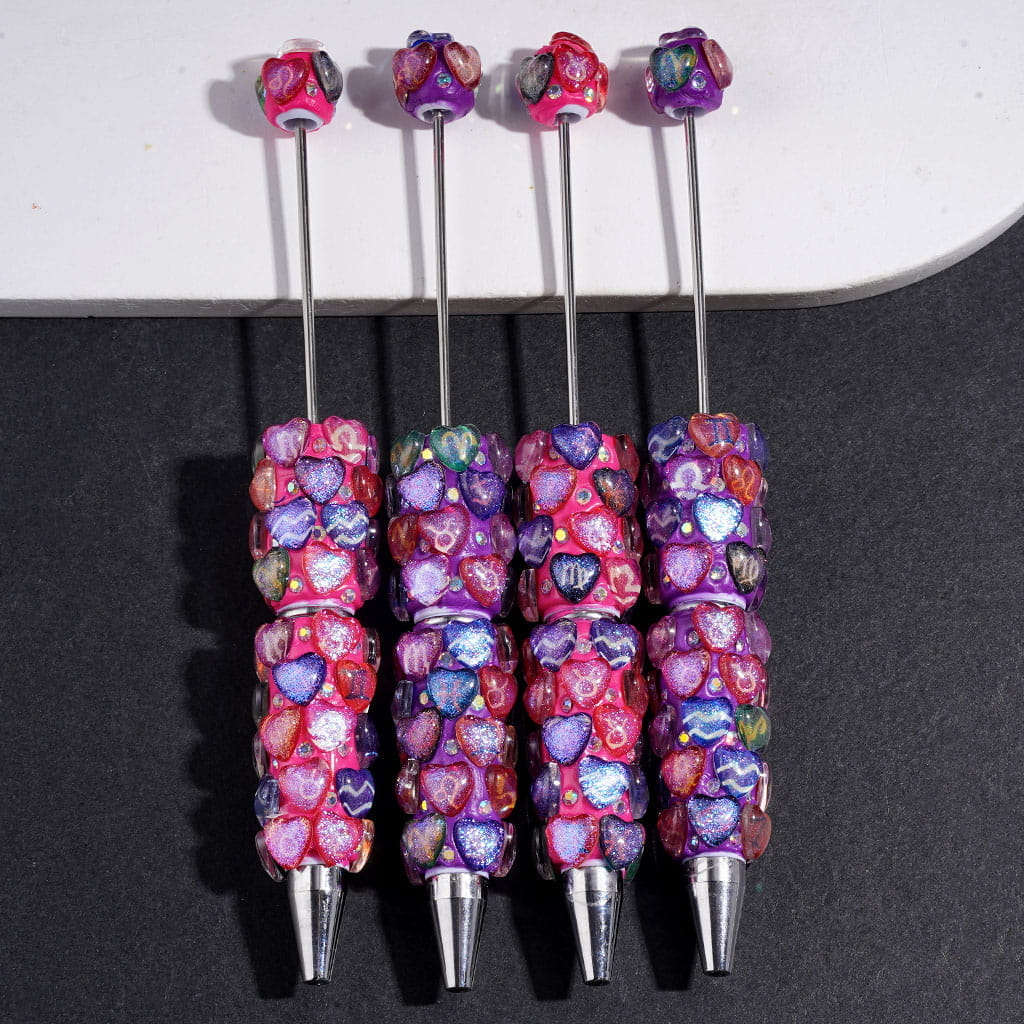 Beadable Clay Pens Clear Heart with Twelve Constellations Patterns and Shiny Glitter, AB Rhinestones, Rose Pink and Dark Purple